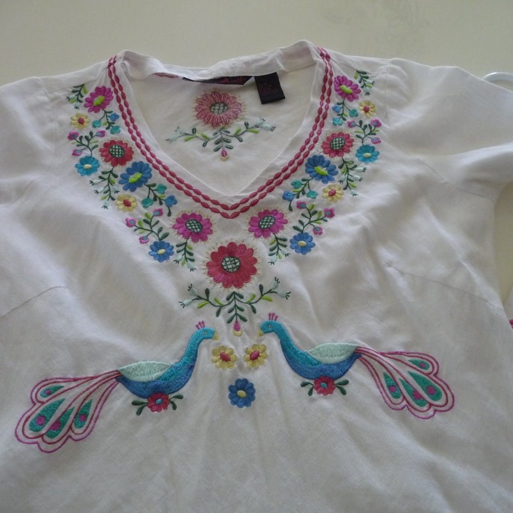 WILLI SMITH  TRENDY BOHEMIAN HIPPIE PEASANT LINEN BLOUSE WITH EMBROIDERY SIZE M - Picture 5 of 7